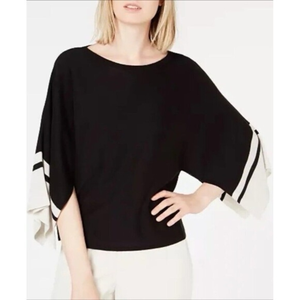 Eileen Fisher Bateau-Neck Silk Blend Striped Split Sleeve Sweater Small Petite